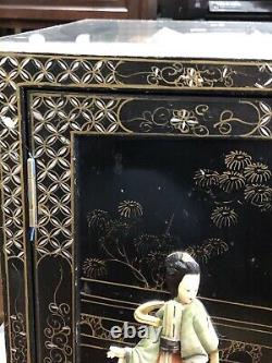 Vintage Black Lacquer Chinese Scholars Cabinet Hand Painted With Asian Designs