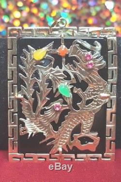 Vintage Chinese 14K Gold A Grade black JADEITE Jade Pendant DRAGON RUBY EYES