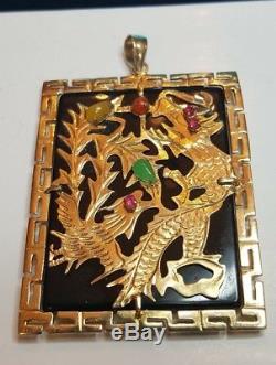 Vintage Chinese 14K Gold A Grade black JADEITE Jade Pendant DRAGON RUBY EYES