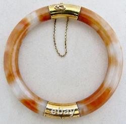 Vintage Chinese 14K Gold, Orange & White JADEITE Jade Bangle Bracelet (58.6g)