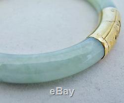 Vintage Chinese 14K Yellow Gold Green JADEITE Jade Bangle Bracelet (35.5 grams)