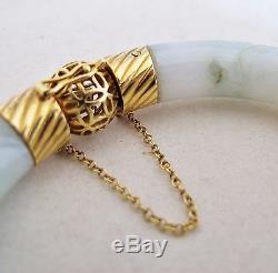 Vintage Chinese 14K Yellow Gold Green & White JADEITE Jade Bangle Bracelet (69g)