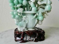 Vintage Chinese Apple Green & White Jade Carving Prunus Bush Jadeite Nephrite