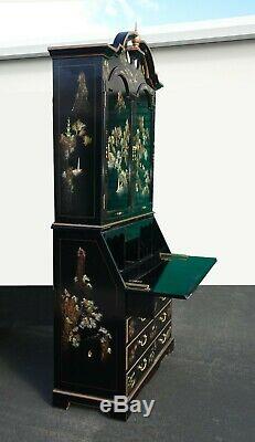 Vintage Chinese Asian Black Lacquer Chinoiserie Secretary Desk Hutch Hand Paint