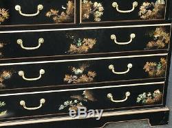Vintage Chinese Asian Black Lacquer Chinoiserie Secretary Desk Hutch Hand Paint