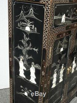 Vintage Chinese Asian Black Lacquer Storage Cabinet w Mother Of Pearl Side Table
