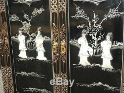Vintage Chinese Asian Black Lacquer Storage Cabinet w Mother Of Pearl Side Table