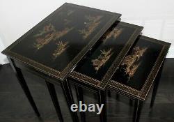 Vintage Chinese Asian Chinoiserie Hollywood Regency Ebonized Nesting Tables