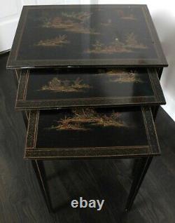 Vintage Chinese Asian Chinoiserie Hollywood Regency Ebonized Nesting Tables