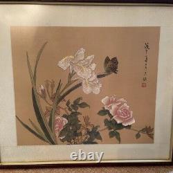 Vintage Chinese Chinoiserie Gouache Watercolor Silk Painting, Framed & Signed