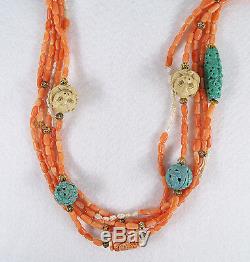 Vintage Chinese Coral Carved Turquoise Beads Pearls Five Strand Necklace