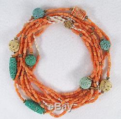 Vintage Chinese Coral Carved Turquoise Beads Pearls Five Strand Necklace