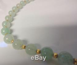 Vintage Chinese Delicate Ice Glossy White-Green Jade 14k Gold Necklace Beautiful