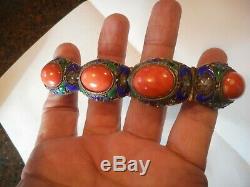 Vintage Chinese Export SILVER Gilt Enamel Filigree Coral Bracelet