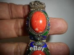 Vintage Chinese Export SILVER Gilt Enamel Filigree Coral Bracelet