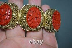Vintage Chinese Export Silver Vermeil Filigree Hand Carved Cinnabar Bracelet