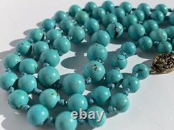Vintage Chinese Export Turquoise Beads Necklace w Filigree Sterling Silver Clasp