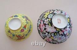 Vintage Chinese Famille Jaune & Famille Noire Bowls Mille Fiori Butterflies Mark