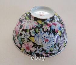 Vintage Chinese Famille Jaune & Famille Noire Bowls Mille Fiori Butterflies Mark