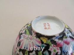 Vintage Chinese Famille Jaune & Famille Noire Bowls Mille Fiori Butterflies Mark