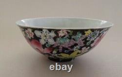 Vintage Chinese Famille Jaune & Famille Noire Bowls Mille Fiori Butterflies Mark