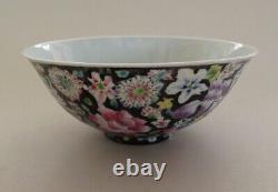 Vintage Chinese Famille Jaune & Famille Noire Bowls Mille Fiori Butterflies Mark