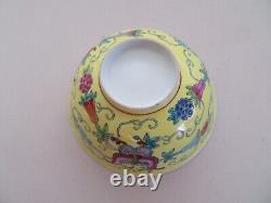 Vintage Chinese Famille Jaune & Famille Noire Bowls Mille Fiori Butterflies Mark