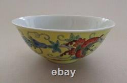 Vintage Chinese Famille Jaune & Famille Noire Bowls Mille Fiori Butterflies Mark