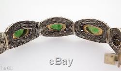 Vintage Chinese Fine Silver, Enamel & Jade Set Panels Bracelet Estate Find