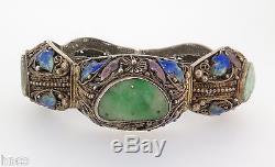 Vintage Chinese Fine Silver, Enamel & Jade Set Panels Bracelet Estate Find