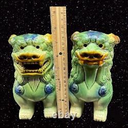 Vintage Chinese Foo Dogs-Fu Lions Green Pottery Taiwan Made Set 7.25T 5.5W