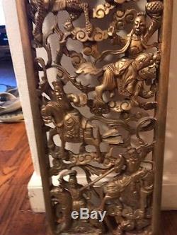 Vintage Chinese Hand Carved Wood Gold Gilded Wall Panel