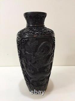 Vintage Chinese Heavy Dragon Carved Black Cinnabar Vase, 9 Tall x 4 1/2 Widest