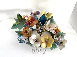Vintage Chinese Jade Quartz Agate Floral Arrangement Cloisonne Butterflies