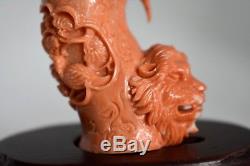 Vintage Chinese LION Orange Hand Carved CORAL Happy Boy Figure Snuff Bottle