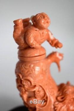 Vintage Chinese LION Orange Hand Carved CORAL Happy Boy Figure Snuff Bottle