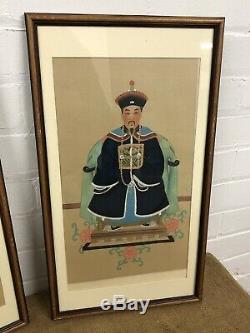 Vintage Chinese Paintings Emperor Empress Ancestor Portraits on Silk, Framed 23