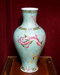 Vintage Chinese Porcelain Vase Turquoise Famille Rose Enamels Dragons