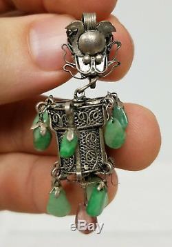 Vintage Chinese Silver Filigree Lantern Form Earrings Jewelry Jadeite Jade
