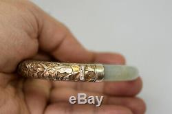 Vintage Chinese Silver and Natural Untreated Floral Jade Bangle/Bracelet