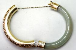 Vintage Chinese Silver and Natural Untreated Floral Jade Bangle/Bracelet