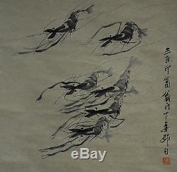 Vintage Chinese Water Ink SHRIMP Wall Hanging Scroll Painting