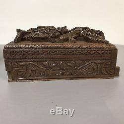 Vintage Chinese Wooden Box With High Relief Carved Dragon & Secret Mechanical Lock