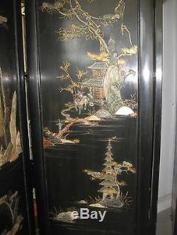 Vintage Chinese black carved wooden screen with inlaid jade or soapstone