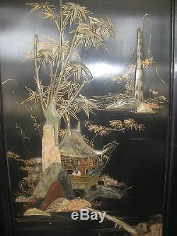 Vintage Chinese black carved wooden screen with inlaid jade or soapstone