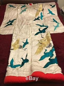 Vintage Japanese Embroidered Silk Kimono Chinese Robe Embroidery Cranes