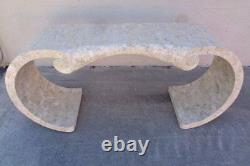 Vintage Maitland Smith Tessellated Fossil Stone Scroll Console Table Desk Asian