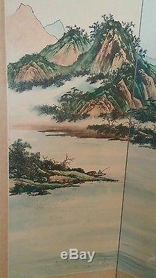 Vintage Painted Chinese Japanese Asian Folding 4 Panel Fireplace Screen SIGNED