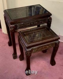 Vintage Pair Chinese Carved Wood Figural Scene Glass Top Nesting Tables- REDUCED