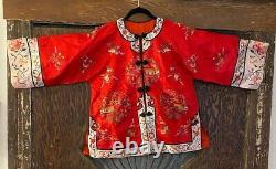 Vintage Red Embroidered Chinese Silk Cheongsam Robe Kimono Coat Jacket